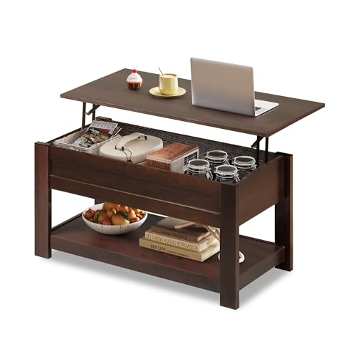 WLIVE Coffee Table, 39' Lift Top Coffee Table with Hidden Compartment and Storage Shelf for Living Room, Reception Room and Bedroom, Red-Brown