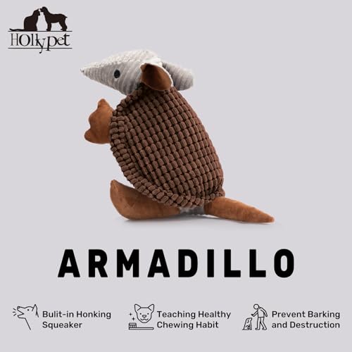 Image of Hollypet Plush Dog Squeaky Toy Stuffed Armadillo Animal Pet Puppy Chew Toys with Clean Teeth for Small Medium Large All Breed Sizes Dogs, Brown, 14 in