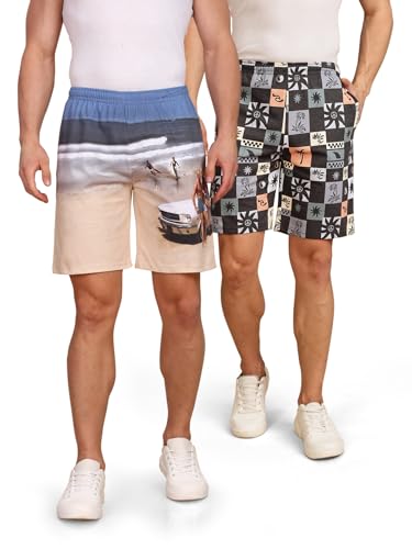 Image of BULLMER Regular Fit Cotton Blend Summer Shorts for Men - Pack of 2 | Printed Shorts for Men Blue /Beige