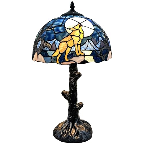 Bieye L13014 Wolf Howling at the Full Moon Night Tiffany Style Stained Glass Table Lamp for Home Decor 12Wx21H