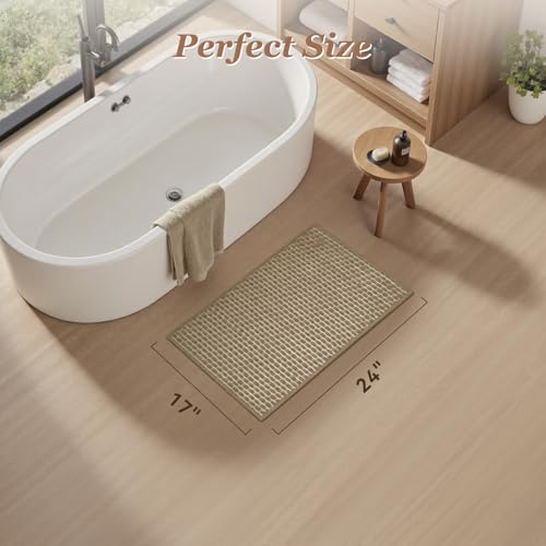AMOAMI Unique Woven Bath Mat, Super Absorbent Non Slip Bath Mats for Bathroom Floor Textured Bathroom Mat Quick Dry Washable Boho Thin Bathroom Rugs for Beside Tub, 17" x 24", Brown