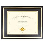 Hodeframe 11x14 Certificate Frame for 8-1/2x11 Diploma/Certificate/Document/Picture with Black and Gold Mat,8.5x11 Solid Wood Degree Frame, Real Glass，Wall Display and Tabletop