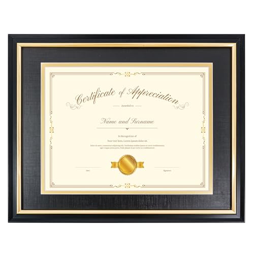 Hodeframe 11x14 Certificate Frame for 8-1/2x11 Diploma/Certificate/Document/Picture with Black and Gold Mat,8.5x11 Solid Wood Degree Frame, Real Glass?Wall Display and Tabletop