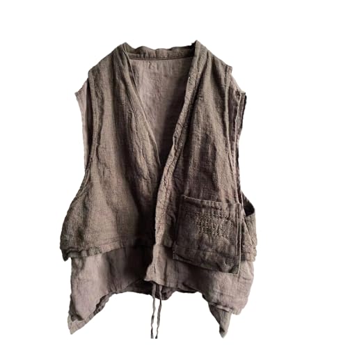 LZJN Women's Linen Double-Layer Vest Sleeveless Cardigan Open Front Kimono Boho Vintage Waistcoat with Pockets Handwoven