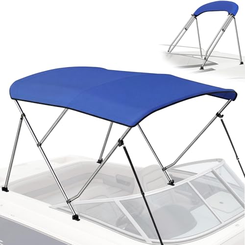 Bimini Tops for Boats - 900D Polyester Canopy with 1 Stainless Aluminum Frame Storage Boot and 4 Nylon Straps Bimini Top for Jon Boats Pontoon Boats Bowriders (Blue 3 Bow 6L x 46H x 61-66W)