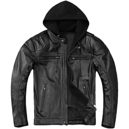 Men's Black Motorcycle Genuine Sheep Detachable Hood Real Biker Leather Jacket Casual Multi Zipper Vintage Rider Coat