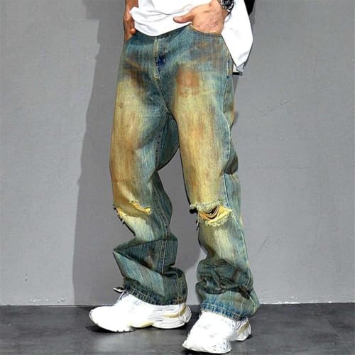 Men’S High Street Ripped Straight Denim Cargo Pants Slim Fit Button Fly Distressed Stacked Full Length Streetwear Jeans2