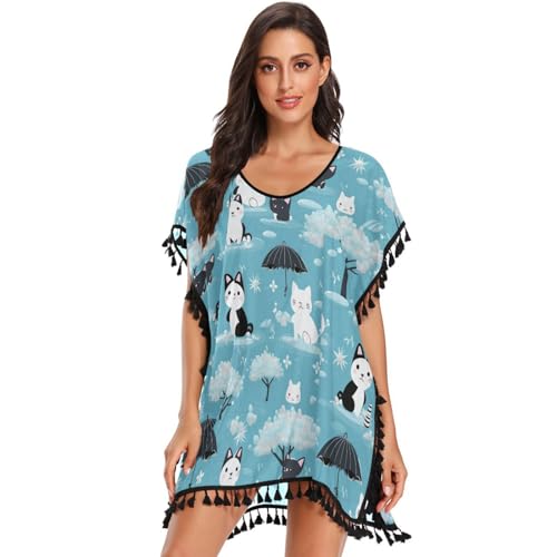 Cute Cats Umbrella Women's Beach Cover Up Chiffon Tassel Swimwear Swimsuit Coverups for Girl