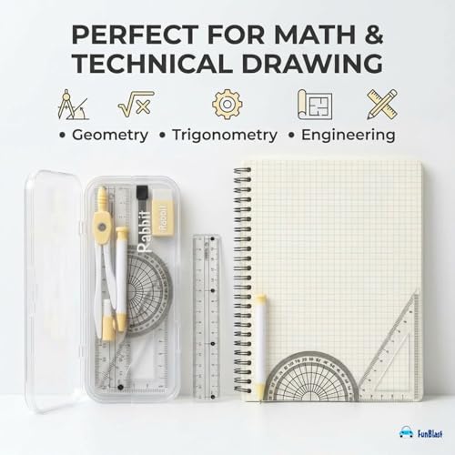 Image of FunBlast Rabbit Theme Compass Set - 7 Pcs Transparent Geometry Box with Protector, Set Squares, Ruler, Compasses, Ruler Set, Math Geometry Kit for Student & Professional (Yellow)