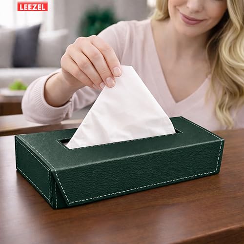 Image of LEEZEL| Tissue Box Holder with 100 Pulls Cotton Rags Tissue | Handcrafted Fine Leather - Like Finish | for Gifting, Office Desks, Cars & Home Decor | Durable & Water Resistant. (Military Green)