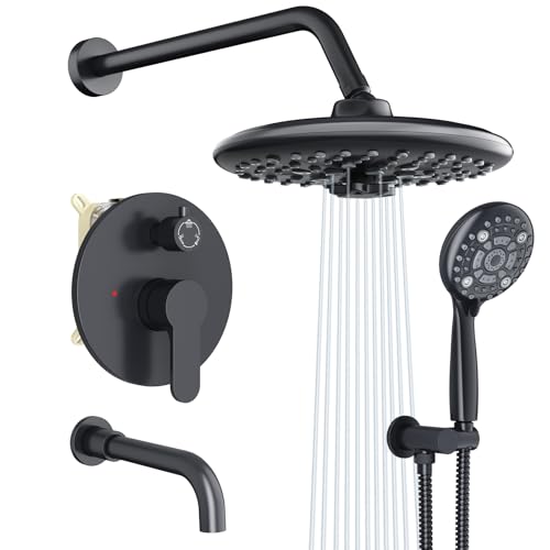 Image of SR SUN RISE 10 Inches Wall Mounted Shower System with Tub Spout Shower Tub Faucets Sets Complete Newer Model High Pressure 3-Spray Rain Shower Head and 6-Setting Handheld Combo, Matte Black