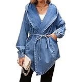 Gabardina oversize de denim para mujer con capucha y cintura ajustada Prenda exterior de estilo capa de manga larga corte holgado y estilo informal con largo medio. (Azul oscuro,Talla única)