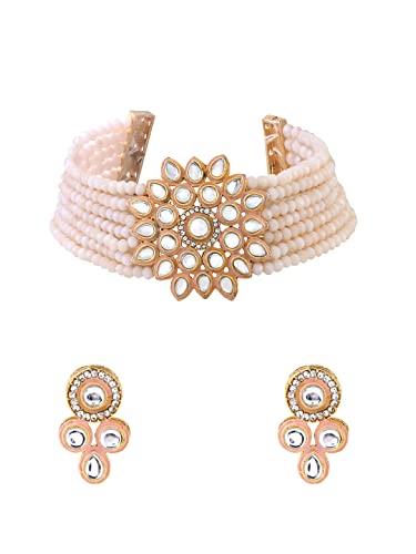 Image of Yellow Chimes Kundan Jewellery Set for Women Ethnic Artificial Beads Peach Floral Traditional Choker Necklace Set for Women and Girls
