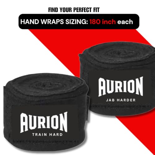 Image of Aurion 4.5 Meter Boxing Hand Wraps (180 Inch) | Professional Elastic Polyester-Cotton Handwrap for Boxing, MMA, Muay Thai & Heavy Bag | Durable Wrist & Knuckle Protection | Black (Pair)