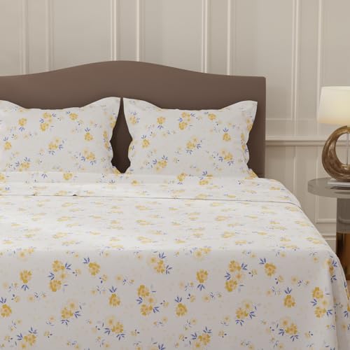 Image of Layers 100% Cotton Bedsheet for Double Size Bed | Lumina Floret Collection | 144 TC Soft & Breathable | Floral Print with 2 Pillow Covers | Wrinkle Free | 3 Pc Bedding Set - White & Yellow