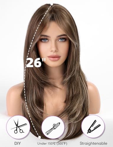 WOKESTAR Long Straight Wigs for Women with Curtain Fringe Layered Synthetic Color Hair (Ash Brown with Highlights) - Image 3