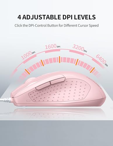 Image of TECKNET Wired Mouse, 6-Button Corded with 4 Adjustable DPI, Optical Ergonomic Design, 5FT Cord for Laptop, Chromebook, PC, Desktop, Mac, Notebook - Pink