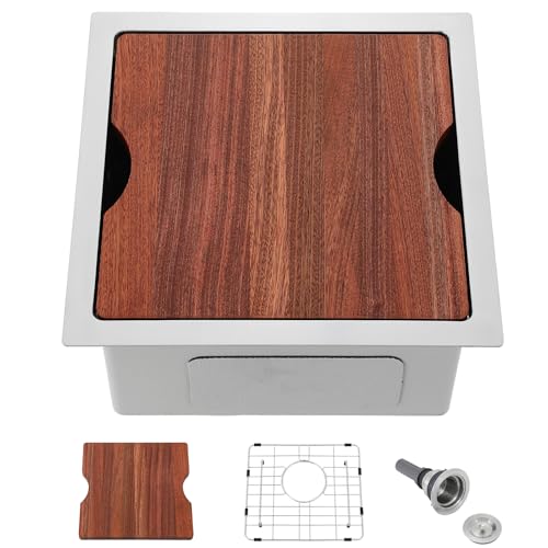 Image of 15 x 15 Undermount Bar Sinks, 15 Inch Stainless Steel 16 Gauge Handmade Single Bowl Prep Sink Workstation, Brushed Small Kitchen Sink with Cutting Board for RV, Wet Bar, Laundry & Outdoor Use