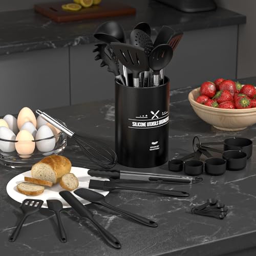 Foto von Terlulu Küchenhelfer Set, 34-teiliges Silikon Kochutensilien Kochbesteck Set, Hitzebeständiger Kochgeschirr mit Utensilienhalter, Antihaft Kochset Küchenutensilien mit Edelstahlgriff