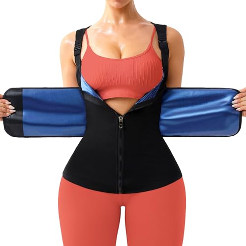 FUXERT Sauna Vest for Women Sweat Waist Trainer Vest for Belly Fat Sauna Tank Top with Zipper for Gym Exercise(BK L)