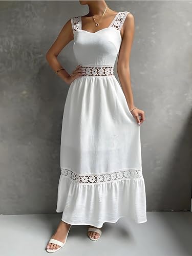 Image of White Crepe & Lace Crochet Midi Dress