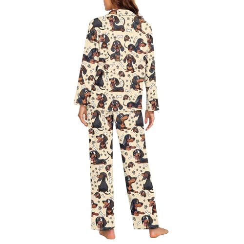 XXQGOMG 2-teiliges Pyjama-Set mit Knopfleiste für Damen, langärmelig, Bluse und Hose, Nachtwäsche, Brauner Dackel-Druck, XL