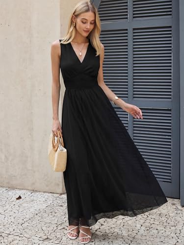 Image of ANRABESS Women's Floral Tulle Wedding Guest Maxi Dress | V Neck Sleeveless,A-Line Elastic Waist,Casual Flowy Formal Boho,Bridal Shower Garden Party Beach Vacation,Summer Fall