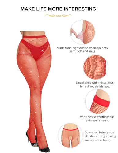 Image of ohyeah Women Fishnet Stockings Plus Size Sparkly Tights XS-5XL Suspender Pantyhose High Waist Rhinestone Legging