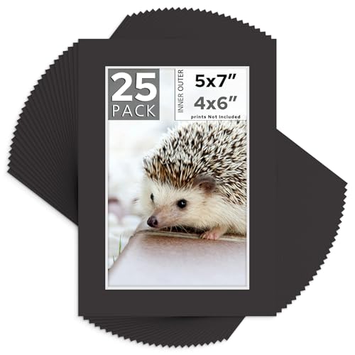 Mat Board Center, Pack of 25, 5x7 for 4x6 Black Mats - Acid Free, 4-ply Thickness, White Core - for Pictures, Photos, Framing