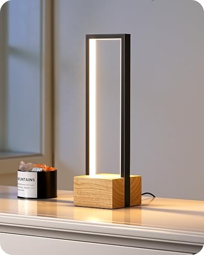 EDISHINE Modern Table Lamp, Dimmable LED Bedside Lamp with 3 Color Temps 3000K 4500K 6000K, Black Square Aluminum Frame, Complete Wooden Base, Nightstand Lamp for Bedroom
