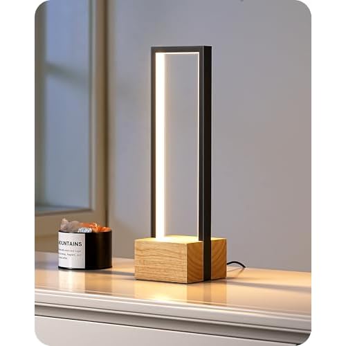 EDISHINE Modern Table Lamp, Dimmable LED Bedside Lamp with 3 Color Temps 3000K 4500K 6000K, Black Square Aluminum Frame, Complete Wooden Base, Nightstand Lamp for Bedroom Black Frame & Solid