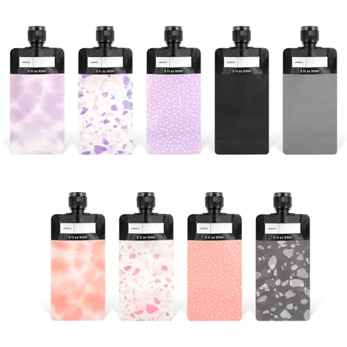 9Pcs Leak Proof Empty Squeeze Pouches Travel Pouches for Toiletries Travel Lotion Container Makeup Pouch Refillable Accessories Shampoo Conditioner Lotion Soap Liquid (Pink Purple Black)