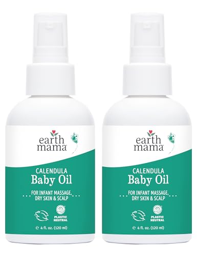 Image of Earth Mama Calendula Baby Oil | Massage Oil for Newborn Skin Care, Dry Skin & Scalp Moisturizer, Fragrance Free, 4-Fluid Ounce (2-Pack)