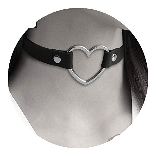 JewelryWe Schmuck Damen Choker Halsband Halskette, Leder Legierung 33-40cm Erstellbare Punk Lolita Herz Collier Kette, Rosa Silber