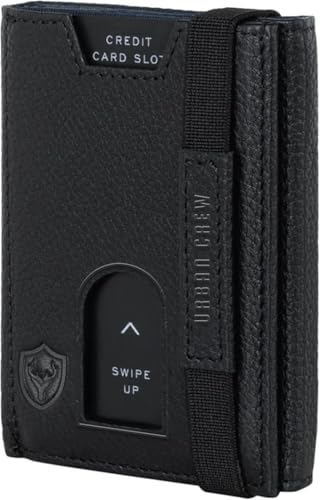 URBAN CREW Smart Slim Wallet for Men – RFID Blocking Leather Card Holder with Swipe-Up Slot & Elastic Strap – Minimalist Front Pocket Wallet (Black)2