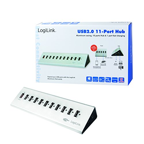 LogiLink UA0226 USB 2.0 Hub 10-Port + 1x Schnell-Ladeport mit Smart IC / LED Anzeige / Überspannungsschutz, für Windows & MAC OS