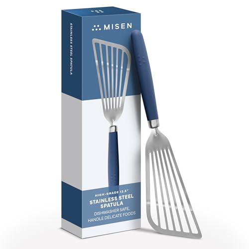 Image of Misen Fish Stainless Steel Spatula - Slotted Turner for Cooking - Perfect for Frying - Heat Resistant - Dishwasher Safe -1mm Thick Flexible Flipper - Soft Silicone Grip Handle for Easy Use