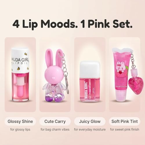 Image of Korean Lip Gloss Set of 4 in Tinted Pink | Rabbit Keychain, 2in1 Tube, Liquid Oil and Swiss Tint Combo, Cute Daily Wear for Girls & Women
