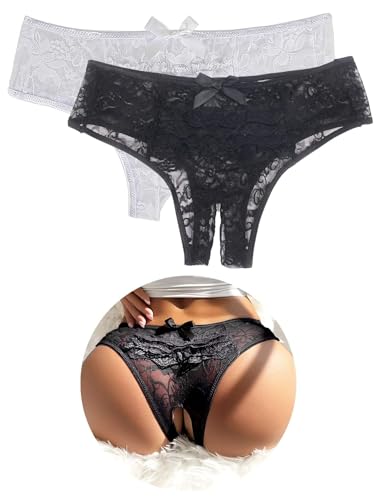 ohyeahlady Slip Ouvert für Frauen Große Größen Sexy String Tanga mit Offenem Schritt Spizte Dessous Damen Sexy Unterwäsche Curvy Unterhosen Höschen Reizwäsche Übergröße Hipster Schwarz+Weiß M