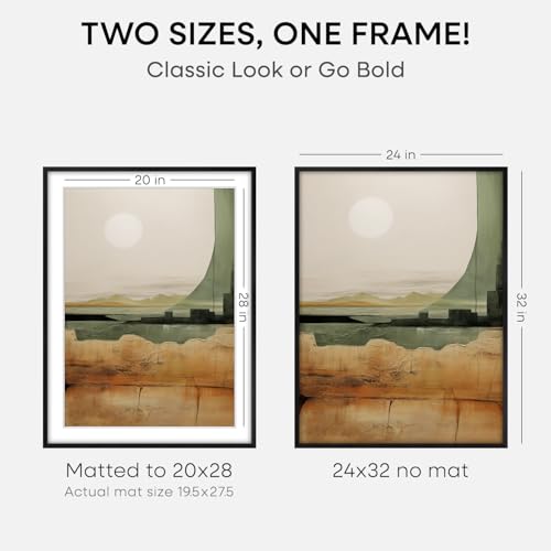 Image of Homeforia Black Wood Frame 24x32, High End Oak 24x32 Large Wooden Poster Frames with Mat 20x28 inch Photo, 24 x 32 Picture Frame Matted to 20 x 28, 32x24 Thin Frame, Tempered Glass, Wall Kit, Set of 1