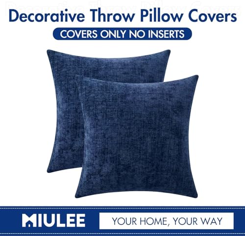 Image of MIULEE Pack of 2 Couch Throw Pillow Covers 22x22 Inch Spring Soft Navy Chenille Pillow Covers for Sofa Living Room Solid Dyed Pillow Cases