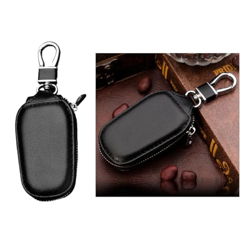 Wevdn Car Key Case Genuine Leather Auto Smart Key Fob Holder with Metal Hook Anti Scratch Automotive Key Protector Key Chain Zipper Bag for Remote Key Fob Car Accessories (Black)