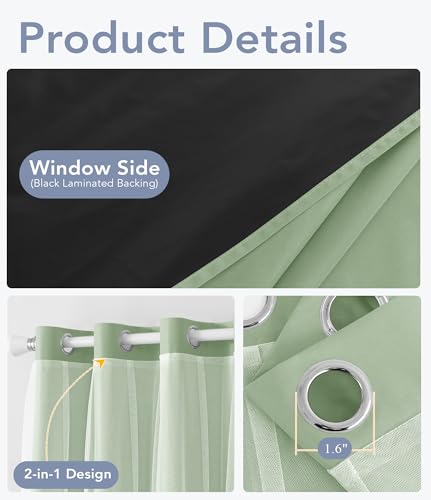 Image of 100% Blackout Curtains with Sheer Overlay, Sage, 52 x 84 inch, 2 Panels | For Bedroom Living Room Window, Room Darkening, Thermal Insulated, Grommet Top, Summer Heat Blocking, Double Layer Design