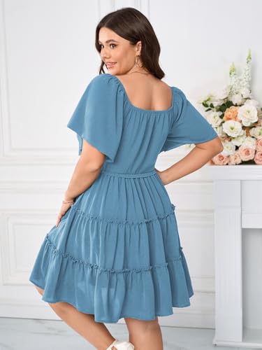 Image of SHESTARR Womens Plus Size Casual Mini Dress Sweetheart Neckline Short Flutter Sleeve Smocked A Line Tiered Ruffle Dresses