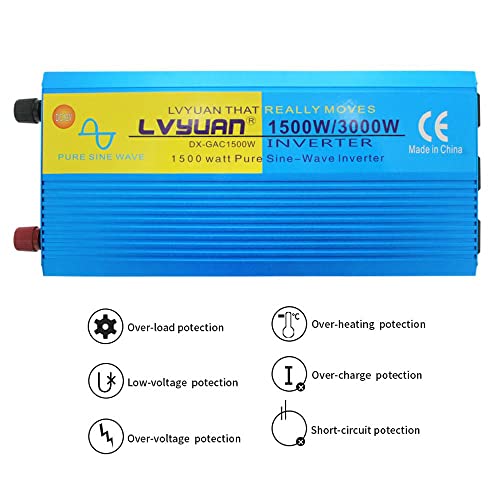 Cantonape 1500W Pure Sine Wave Inverter 12V to 110V/120V 3000W Peak Power Converter DC to AC with LCD Display, 3 AC Outlets for Car Boat Truck RV Solar Power