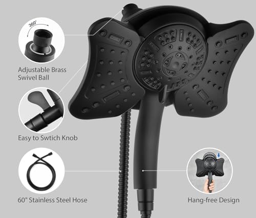 Image of GRICH Shower Head with Handheld Spray - Dual High Pressure Showerhead | Rainfall Shower Heads Combo, Detachable Hand Shower, 9 Spray Settings, 60 inch Stainless Steel Shower Hose, 2.5GPM, Black