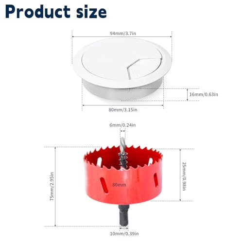 Œillets ronds pour bureau 80 mm et passe-câble blanc pour table et meuble