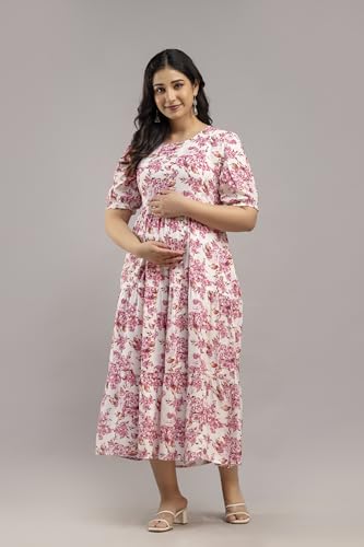 Image of Women's Rayon Anarkali Maternity Ankle Length Dress, Pregnancy Dress,Feeding Kurti,Easy Brest Feeding Dress, with Both Side 9 inch Zipper and Belt