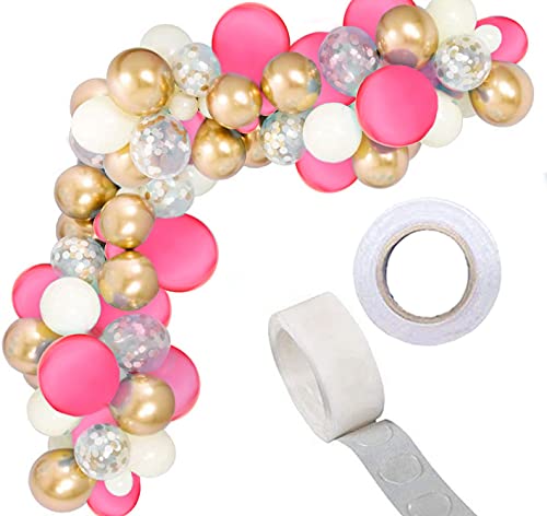 Image of Toyshine 86 Pcs Balloon Party Decoration Combo | 25 White Metallic, 25 Gold Chrome, 25 Pink Metallic, 10 Confetti Balloons, 1 Tape for Birthday Anniversary Theme Party