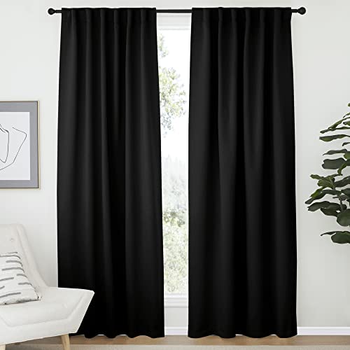 NICETOWN Blackout Living Room Curtains 80 inches Long Black Out Curtain Panels for Bedroom - (Black Color) W52 x L80 1 Pair Thermal Insulated Blackout Draperies Window Treatment